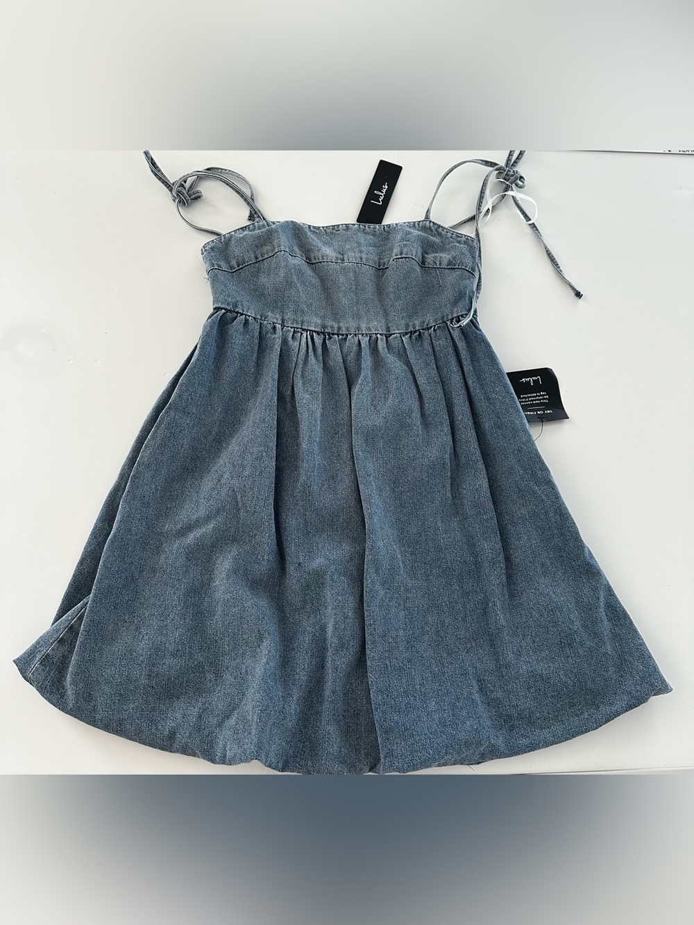 LULUS Dress Denim Chasing Daylight Medium Wash bubble Hem Mini Sz XXS NWT